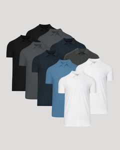 True ClassicWardrobe Classic Tall Polo 10-Pack in assorted solid colors displayed in fan shape.