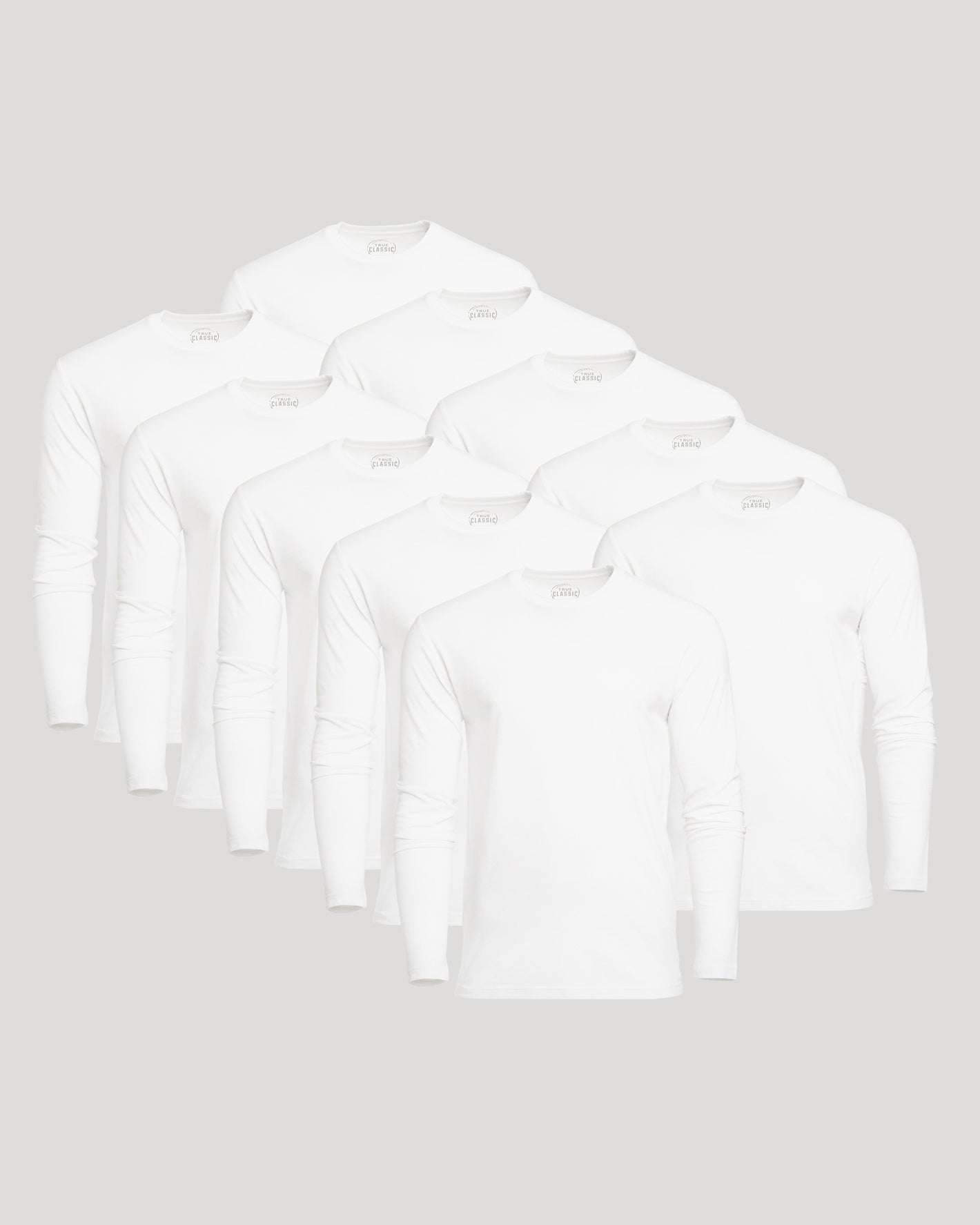White Classic Long Sleeve Crew Neck 10-Pack arranged in staggered grid.