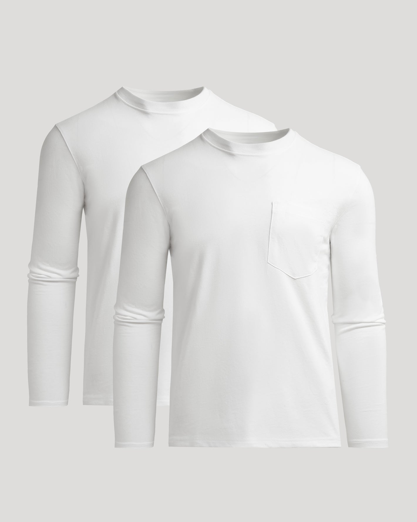 White Heavyweight Long Sleeve Pocket Crew 2-Pack, featuring one shirt with chest pocket.
