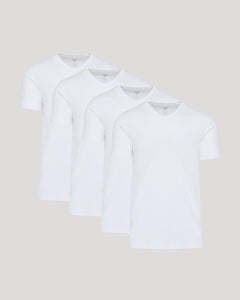 True ClassicWhite Premium Pima V-Neck 4-Pack, staggered display of smooth, tailored tees.