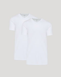 True ClassicWhite Tall Premium Pima V-Neck 2-Pack on neutral background.