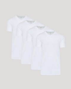 True ClassicWhite Tall Premium Pima V-Neck 4-Pack, staggered display of four shirts.