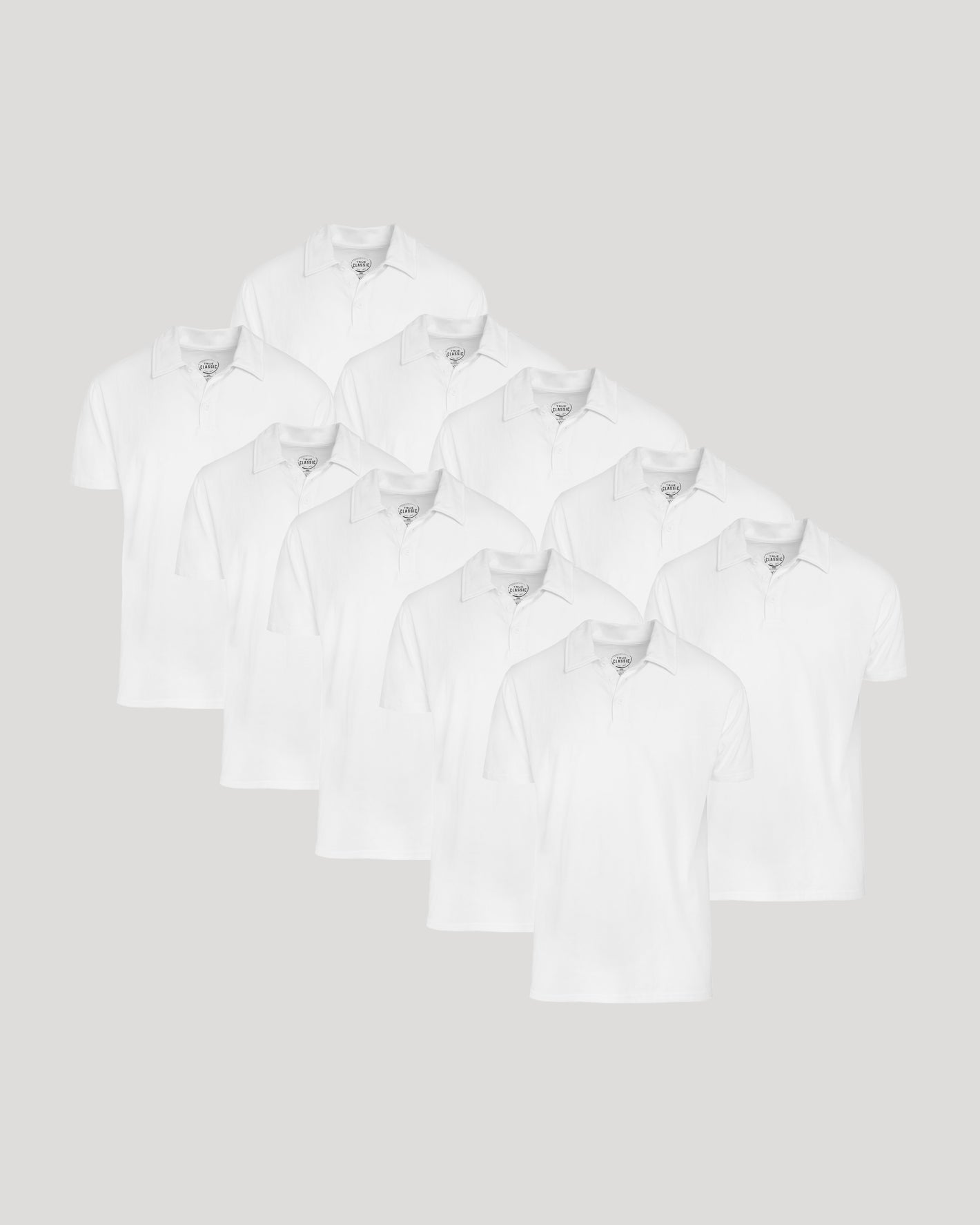 All White Classic Polo 10-Pack arranged on light gray background.