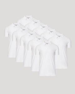True ClassicAll White Tall Classic Polo 10-Pack neatly arranged, highlighting classic collars.