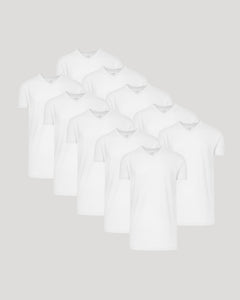 True ClassicWhite Classic Tall V-Neck 10-Pack, staggered display, short-sleeve, V-neck T-shirts.