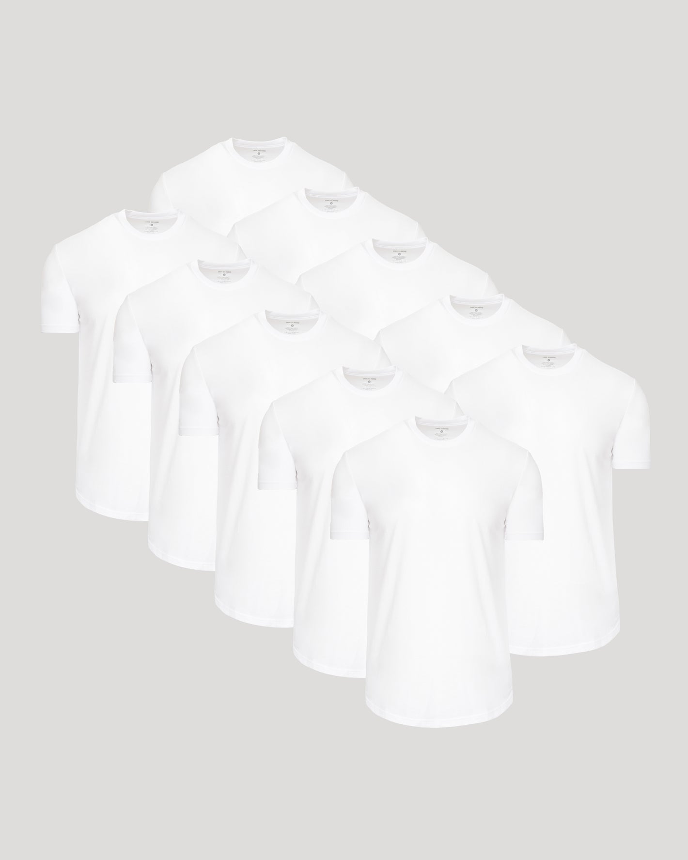 All White Curved Hem Classic Crew Neck 10-Pack against gray background.
