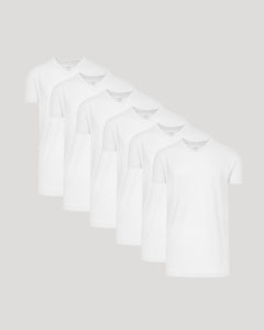 True ClassicWhite Short Sleeve Tall Classic V-Neck 6-Pack arranged on display.