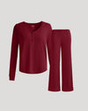 Women's Dark Maroon Waffle Henley & Pant Set: waffle-knit top, wide-leg pants.