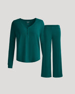 Womens Deep Emerald Waffle Long Sleeve Henley & Waffle Leg Pant 2-Pack
