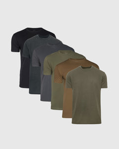 True ClassicWoodland Shades Crew Neck 6-Pack in muted earth tones, staggered lineup.