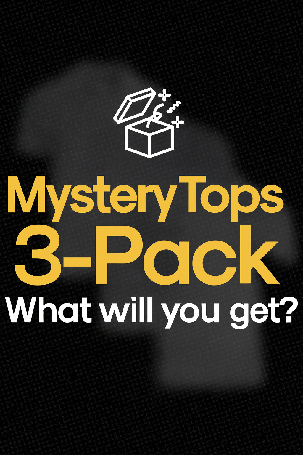 MysteryTops 3-Pack promotional graphic with gift box and T-shirt silhouettes.