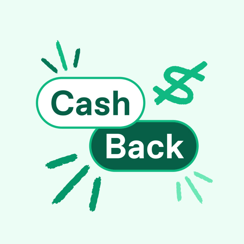 20% CashBack promo graphic with “Cash Back” and dollar sign.