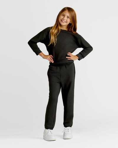 Girls Pullover Crew & Relaxed Jogger Set - Black