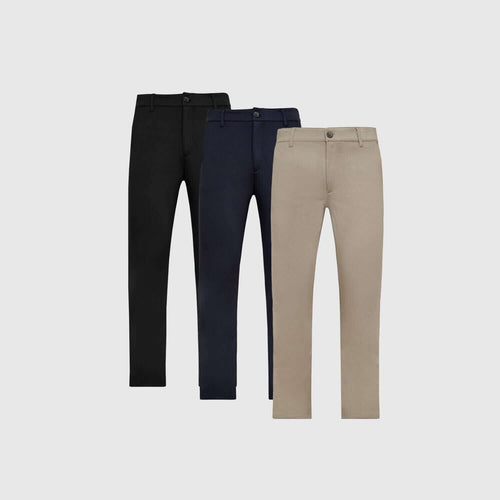 Neutral Slim Comfort Knit Chino Pant 3-Pack in black, navy, and khaki.