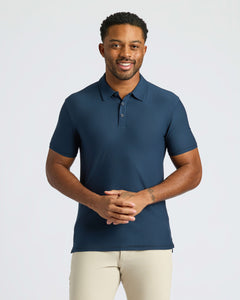 True ClassicMan in Navy Active Polo 2.0 with khaki pants.