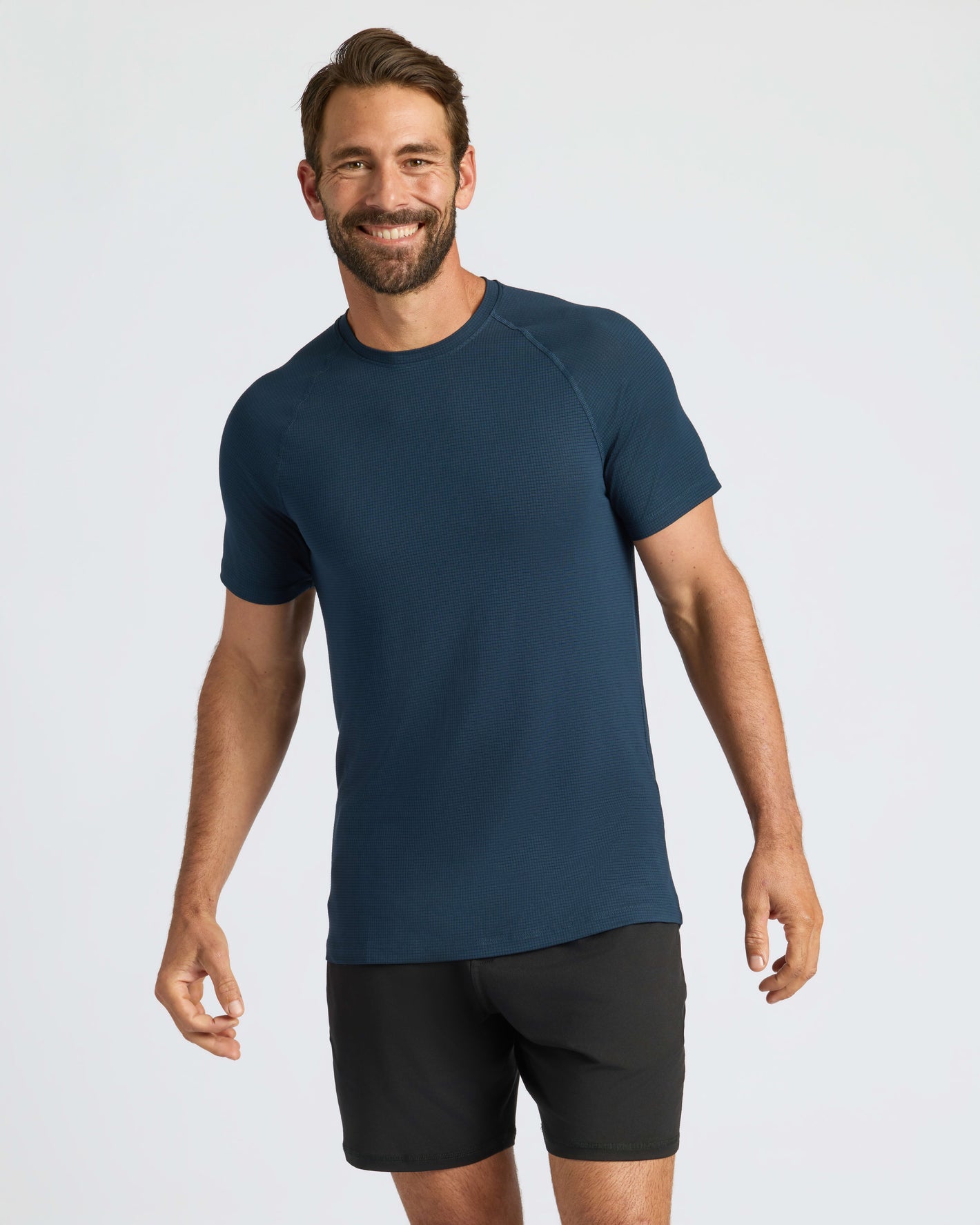 Navy Active Mesh Crew 6-Pack worn by smiling man.