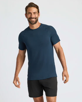 Navy Active Mesh Crew 6-Pack worn by smiling man.