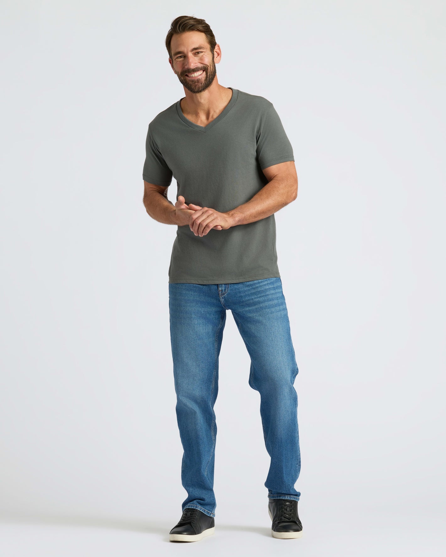 True Classic Men’s V-Neck T Shirt, tailored fit on casually dressed man.