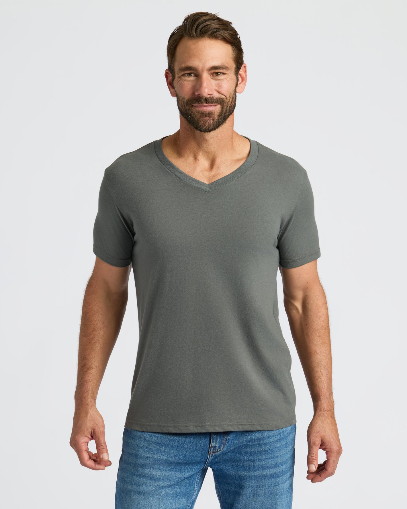 True Classic Men's V-Neck T-Shirt, soft cotton blend, tailored short sleeve.