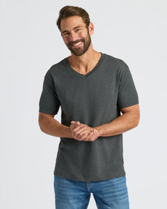 True ClassicMan wearing Classic V-Neck 10-Pack charcoal-gray T-shirt, smiling.