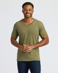 True ClassicMan models Classic V-Neck Tee, olive-green, showcasing casual menswear style.