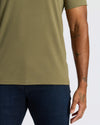 True Classic Men’s V-Neck T Shirt, olive-green, short sleeve, worn with jeans.
