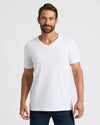 Model wearing All White Classic V-Neck T-Shirt, showing its fit and style.