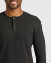 Person wearing All Black Classic Henley, showcasing neckline and button placket.