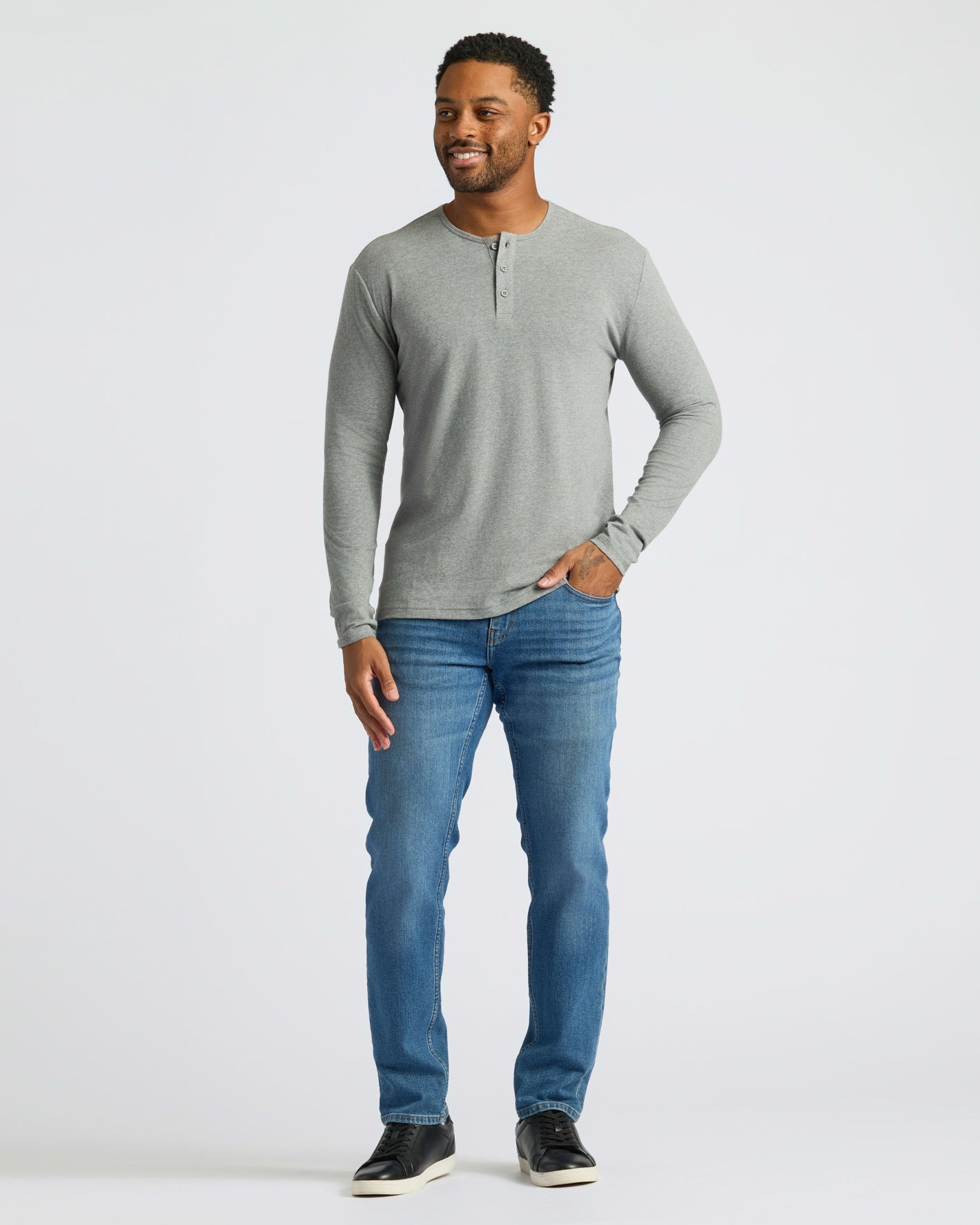 True Classic Men’s Long Sleeve Henley, soft cotton blend, casual style.