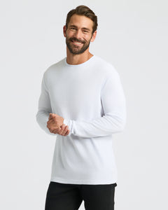 True ClassicWhite Waffle Long Sleeve Crew Neck worn by smiling man.