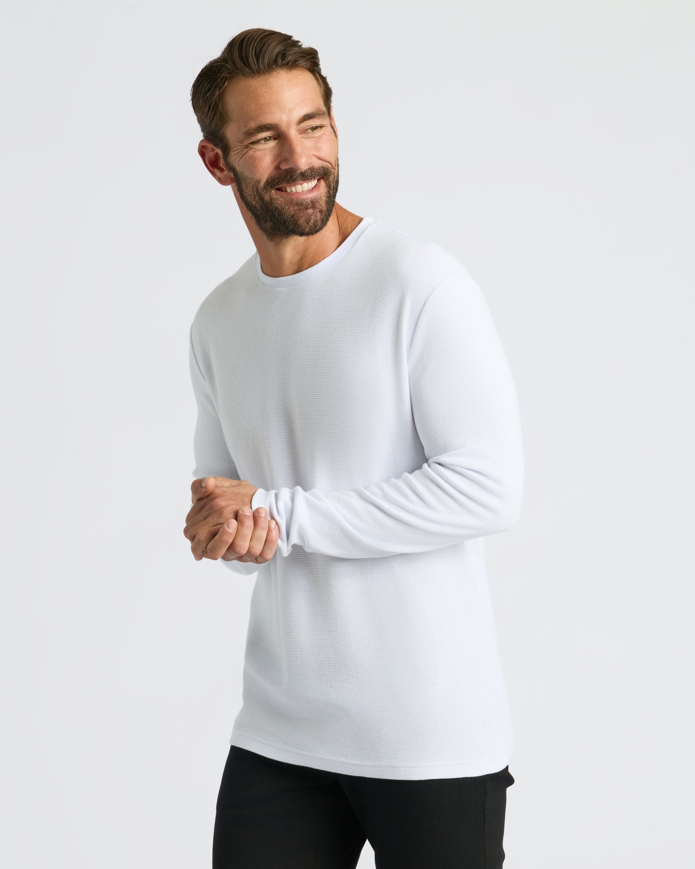 White Waffle Long Sleeve Crew Neck worn by a bearded man.