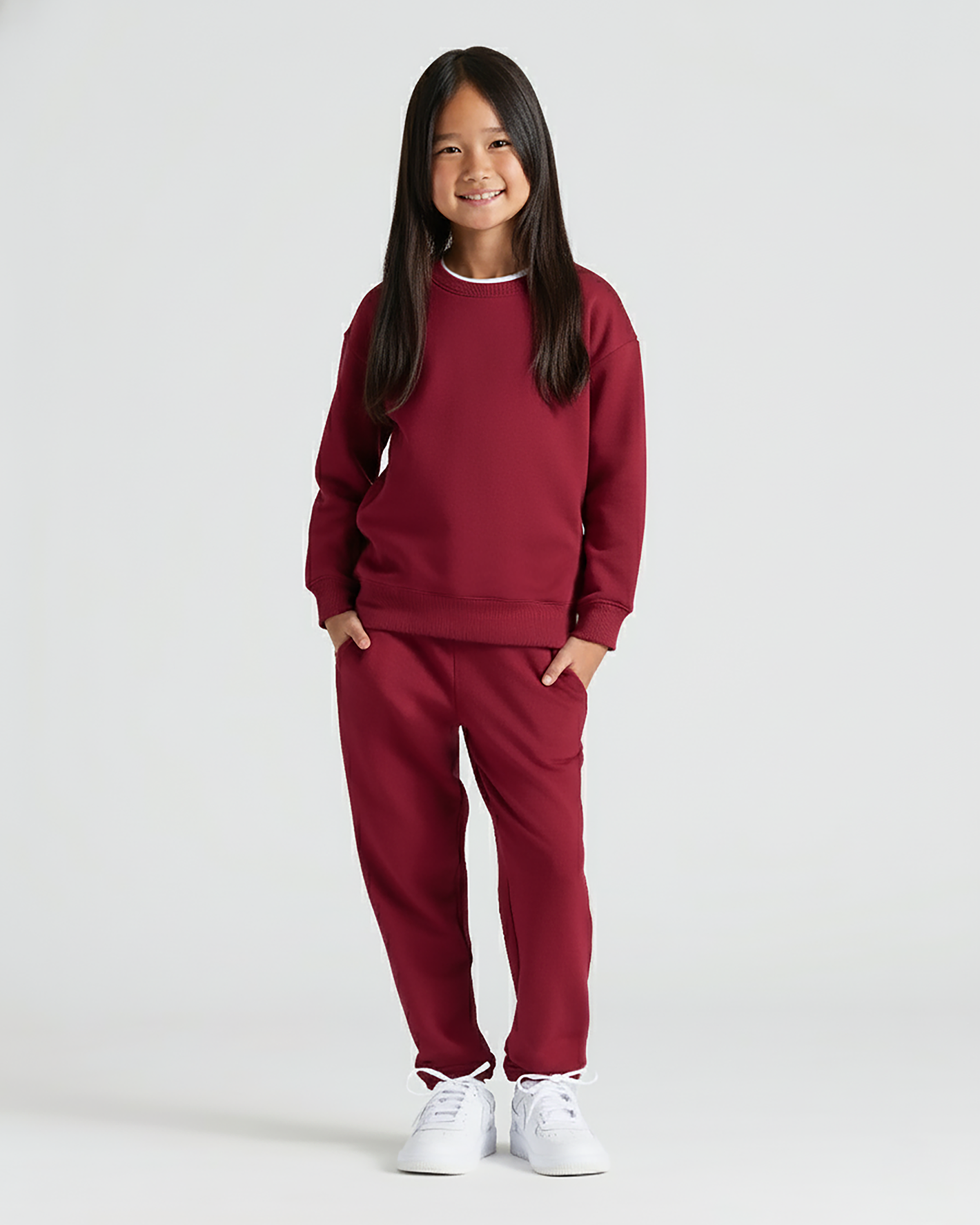 Girl in Girls Dark Maroon Slouch Pullover Crew & Relaxed Jogger.
