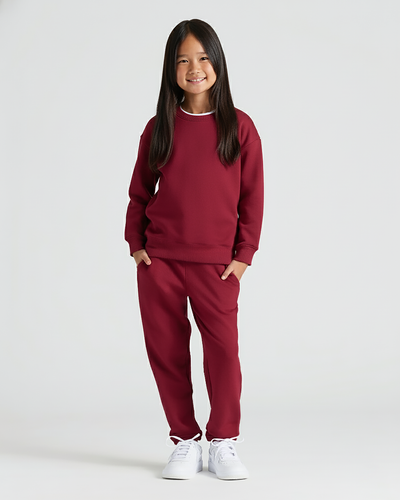 Girls Pullover Crew & Relaxed Jogger Set - Dark Maroon