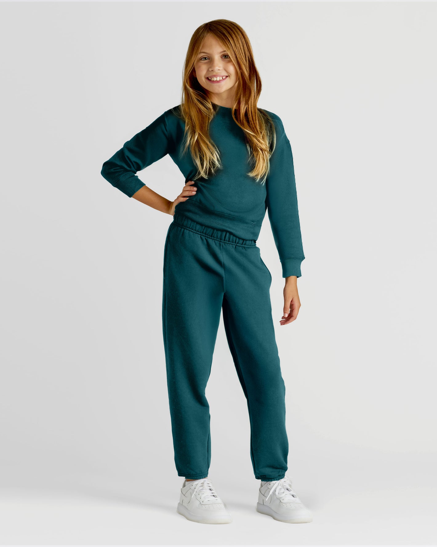 Girl in Girls Deep Emerald Slouch Pullover Crew & Relaxed Jogger set.