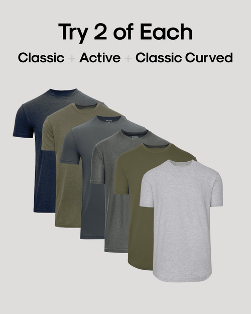 Set of men's t-shirts in various colors on a light gray background with text indicating different styles.