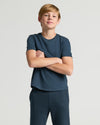Boys' Navy Classic Curved Hem Crew Neck, worn by a young boy.