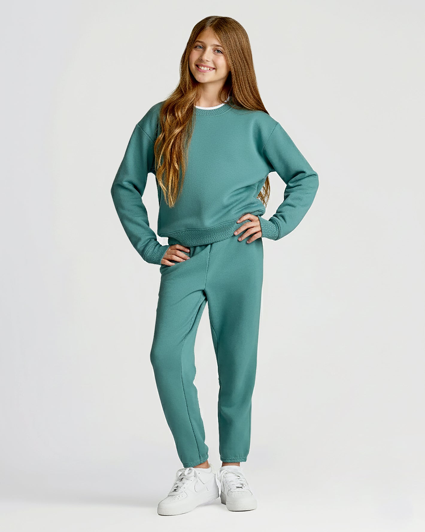 Girl in Girls Stormcloud Slouch Pullover Crew & Relaxed Joggers.