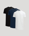 Three classic men's crew neck t-shirts in black, navy, and white, styled as True Classic Men's Tall Heavyweight Curved Hem Crew – Premium Heavyweight Cotton Blend, Extended Length, Athletic Fit, Structured Everyday T-Shirt.