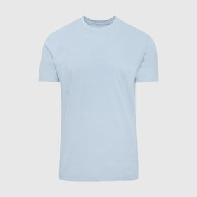 Heather Pale Blue Short Sleeve Crew Neck Tee on light gray background.