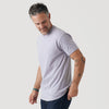 Man in Lilac Gray Short Sleeve Crew Neck Tee with tattoos.