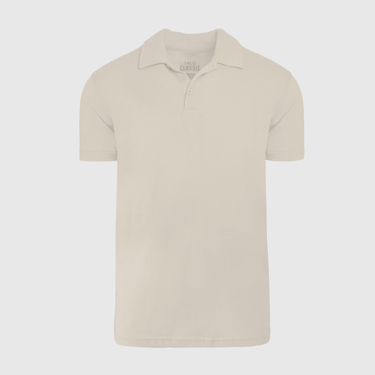 Sandstone Classic Polo, light-tan with short sleeves and two-button placket.