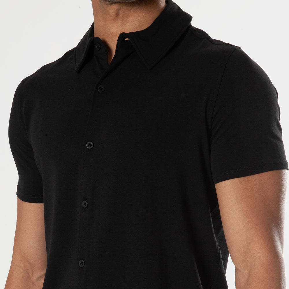 Black Short Sleeve Knit Button Up Shirt