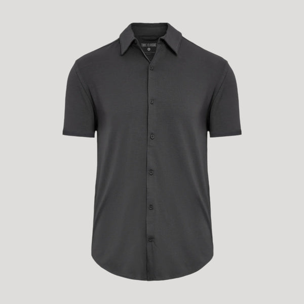 Carbon Short Sleeve Knit Shirt, charcoal-gray, button-down, classic collar, jersey-knit.