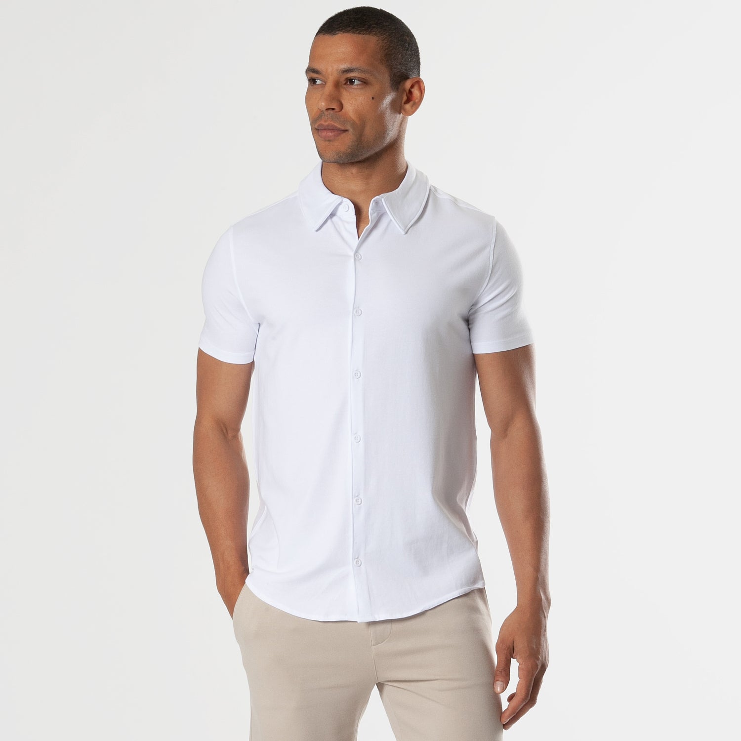 White Short Sleeve Knit Button Up Shirt – True Classic