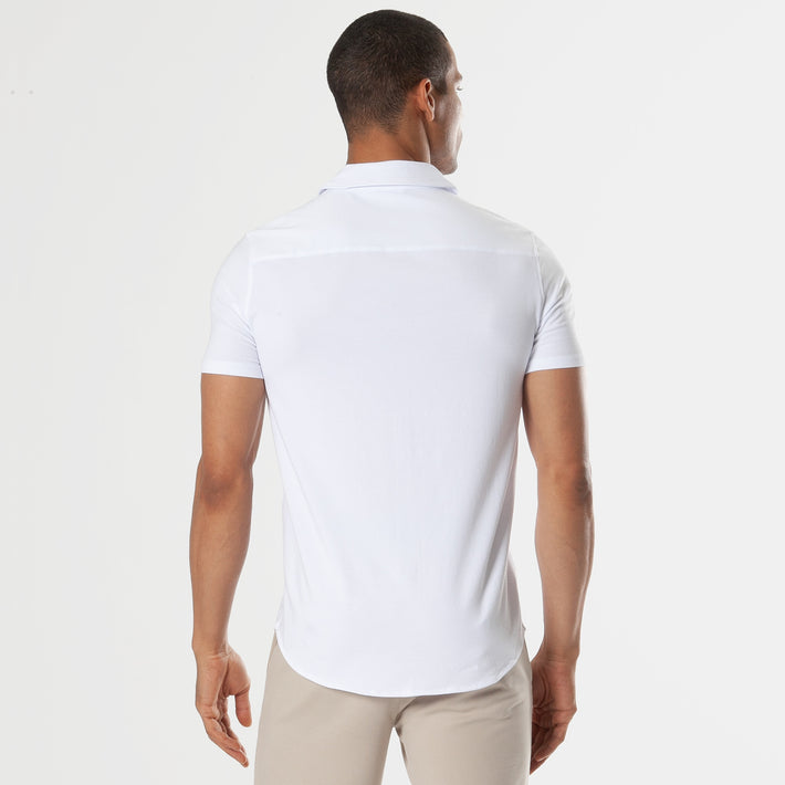 Ron// Cotton Knit-Stretch Button-Up Shirt With Contrast Details // White // Tailored Fit (Fitted)
