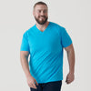 Man in Turquoise V-Neck Tee smiling.
