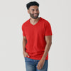 True Red V-Neck Tee worn by a smiling man.