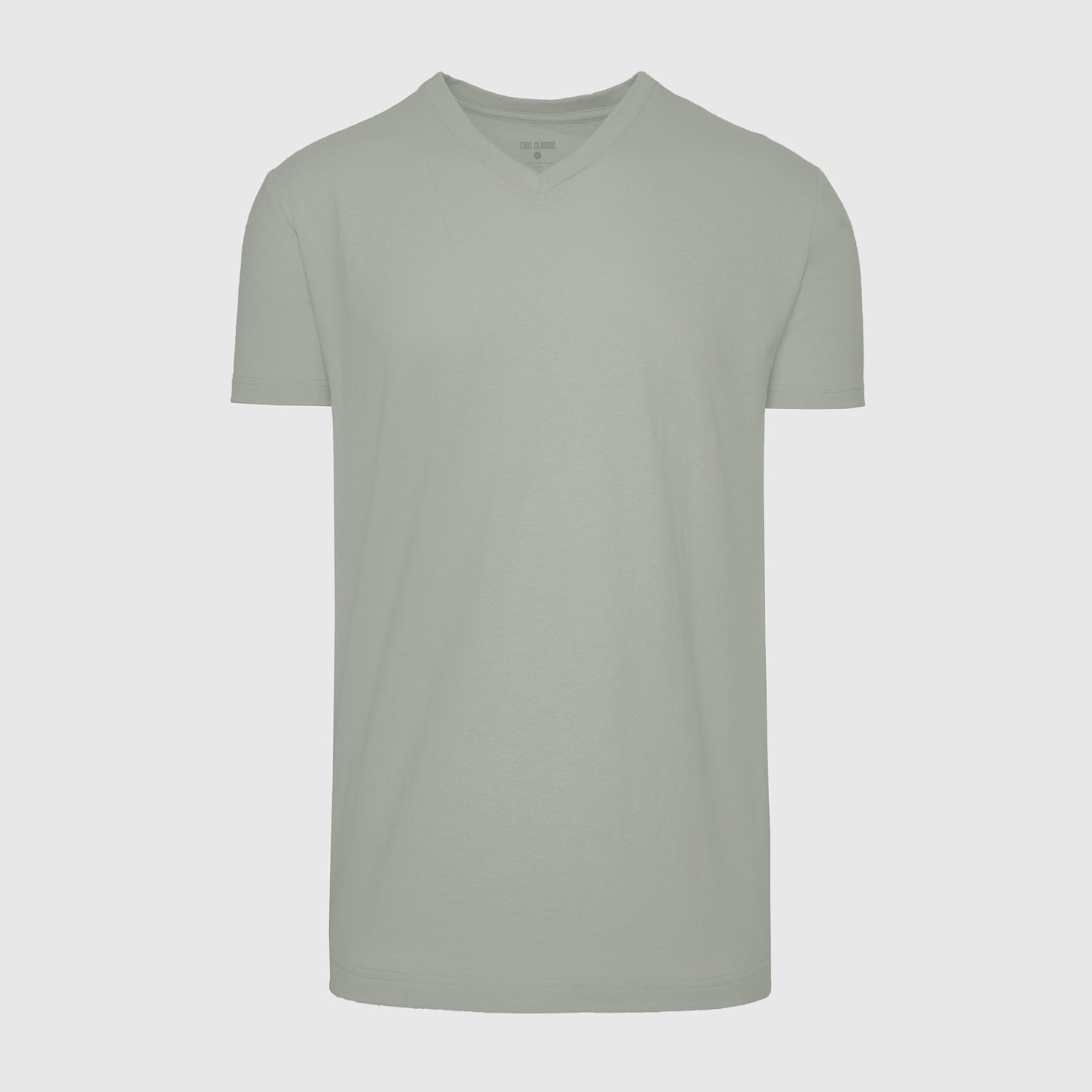 Slate Green V-Neck Tee laid flat, showcasing its fitted style.
