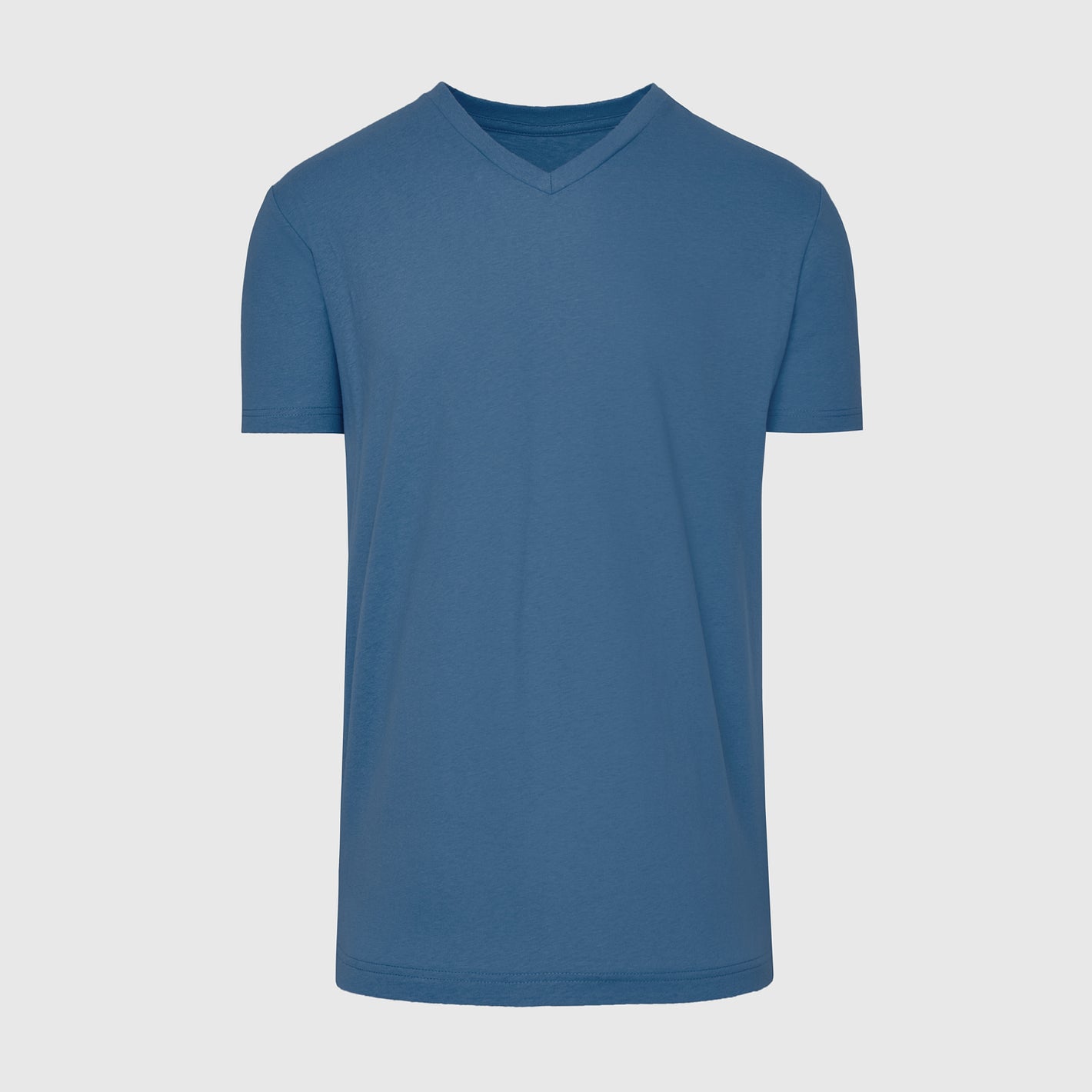 Stone Blue V-Neck Tee, short-sleeved, medium blue, plain design.