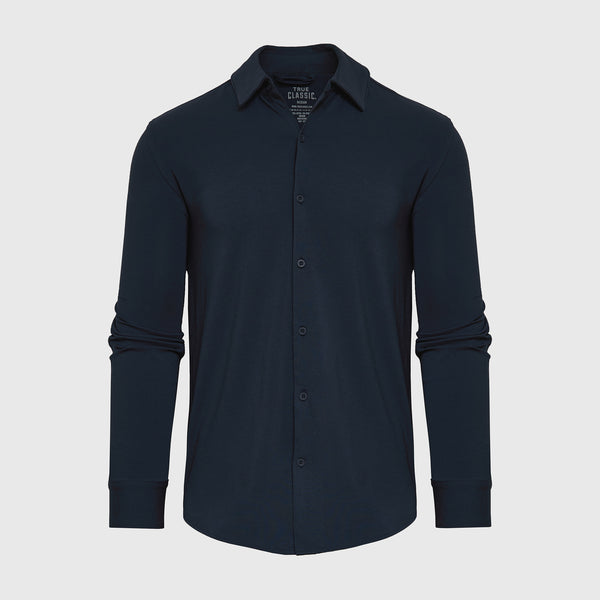 Navy Long Sleeve Knit Shirt, front view, with button-down design.